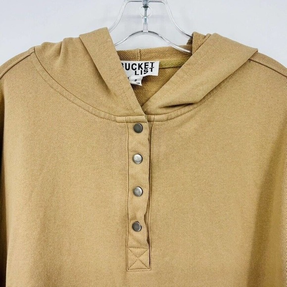 Bucket List Womens S Tan Button Front Ribbed Trim Hooded Sweatshirt Pockets - Picture 5 of 10